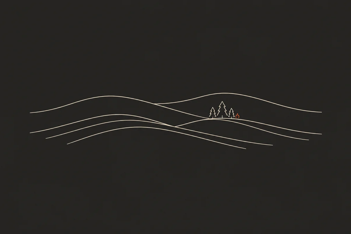 Minimal cream contour lines describe rolling hills with a few trees and a small orange flame.